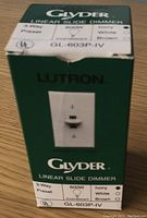 Photo of Glyder Linear Slide Dimmer light switch packaging, showing product image, brand, model and specifications.