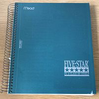 Front cover of the Mead Five-Star 5-subject spiral notebook in teal color displaying brand and series name.