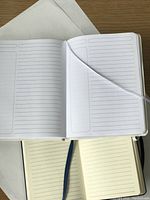 Open view of a white notebook displaying lined pages and attached white ribbon bookmark.