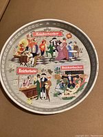Top side of the round Knickerbocker beer tray with colorful vintage illustrated advertising panels showing social scenes and the Knickerbocker name.