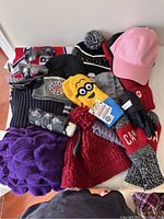 Photo showing winter hats including black/white pom-pom beanie, red hats, purple cable knit hat, black hat with patch, pink and dark baseball caps, yellow Minions gloves with tags, black and red gloves, sunglasses, Montreal Canadiens scarf, and black umbrella with floral pattern.