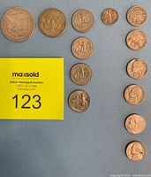 Overview of all coins including the large Morgan silver dollar, Kennedy half dollar, Buffalo nickels, and other nickels, dimes, and quarters arranged against a gray background.