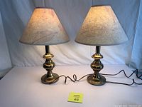Pair of antiqued brass lamps with handmade paper shades featuring visible leaf patterns, cords and switches shown, set on a flat surface.