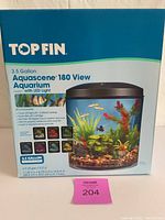 Front view of Top Fin 3.5 Gallon Aquascene 180 View Aquarium kit box showing product image and key features.