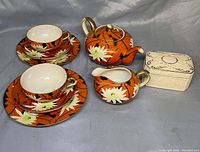 Full view of tea set components including teapot, cups with saucers and plates, creamer, and decorative box arranged on fabric background.