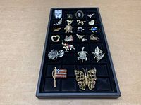 Full view of all 22 pins and brooches in black display tray showing variety of shapes and designs including butterfly, American flag, heart, and nature motifs.