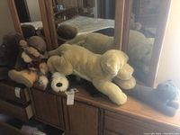 View of plush animals arranged on wooden shelves including large cream dog, white dog, brown stuffed animal, and gray fabric dog.