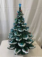 Front view of unlit tree showing overall shape and snow-frosted branch details