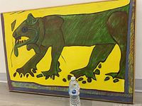 Full view of the large tribal animal painting with water bottle for scale, showing vivid colors and teak wood frame.