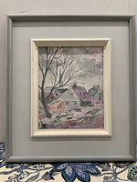 Framed original oil painting of a Quebec landscape featuring houses and bare trees in a muted winter scene, signed by the artist.