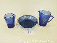 Full set of 3 cobalt blue Shirley Temple depression glass pieces: pitcher, bowl, mug.