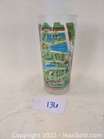 Front and side view of vintage glass tumbler featuring colorful illustrated map of NYC Central Park landmarks and areas.