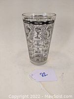 Front view of the glass showing recipe and illustrations for Martini and Gibson cocktails