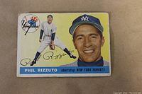 Front of 1955 Topps Phil Rizzuto baseball card showing player images and team logo