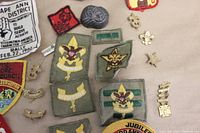 Top down photo showing multiple Boy Scout embroidered patches for various ranks, councils, and events alongside metal pins and emblems.