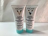Front view of two Vichy Purete Thermale 3 in 1 One Step Cleanser tubes, showing brand, product type, and volume of 100ml each.
