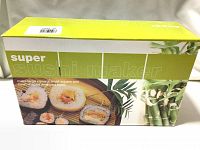 Box of Super Sushi Maker Kit with images showing sushi shapes and bamboo design
