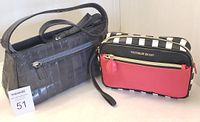 Black women's handbag and Victoria's Secret wrist bag shown front view side by side