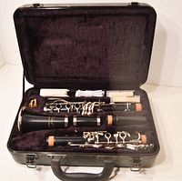 Open clarinet case showing the disassembled black clarinet with silver keys, cork joints, several beige reeds, and a white cleaning cloth inside a plush purple interior.