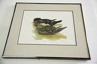 Full view of framed watercolor painting depicting two ducks with white mat and silver frame.