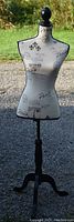 Full view of decorative mannequin dress form on black tripod stand outdoors.