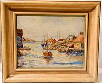 Front view of framed oil painting showing harbor scene