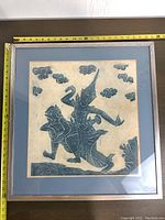 Framed Thai wood block print artwork with ruler at top for scale.