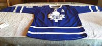 Front view of blue Toronto Maple Leafs hockey jersey with white stripes and logo on bed showing player number 81 and 'A' patch