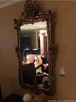Full front view of ornate gold gilt mirror hung on wall