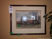 Framed mixed media art showing rural house and trees landscape, 10x14 inch image, 21x17 inch frame, signed