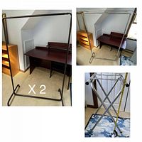 Two brown metal clothing racks shown separately with height and width dimensions noted, simple rectanguler frame design, no caster wheels.
