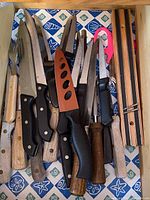 Photo showing a variety of household knives with different handle materials placed in a drawer.