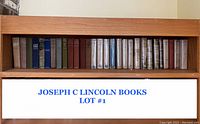 Front view of all 29 Joseph C Lincoln antique books on a wooden shelf, showing a range of colors, sizes, and conditions.