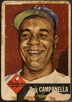 Front side of the 1953 Topps Roy Campanella baseball card showing player portrait and Dodgers logo with visible wear damage.