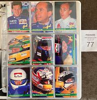 Page of 9 cards showing driver portraits and helmet close-ups including Ayrton Senna, Nigel Mansell, Gerhard Berger and others.