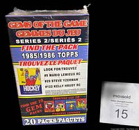Front of sealed 2007 NHL Gems of the Game Series 2 box showing 20 packs with indication to find vintage packs and specific rookie cards like Mario Lemieux.