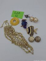 Photo showing a collection of vintage costume jewelry items including necklaces, brooches, and earrings arranged on a white background with a green card labeled Lot 6.