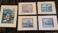 Five framed art pieces shown together: four impressionist prints and one photo of a Bavarian castle.