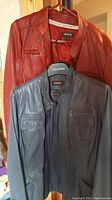 Two Danier leather jackets hanging, one brown and one black, showing front and collar.