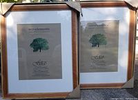 Pair of wooden picture frames with matting on smaller frame and protective corners in sunlight.