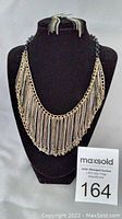 Full view of multi-coloured fringe chain necklace displayed on black bust with pierced earrings hanging above.
