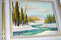Close-up showcasing the lower left area of the painting with snowy riverbank and pine trees under a cloudy sky.