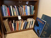 Bookshelves with multiple books on spirituality, healing, religious studies. Holy Bible and National Geographic visible.