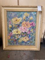 Full view of the framed impressionist-style floral painting on canvas, showing the overall piece with frame and hanging tag.
