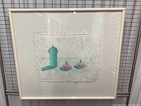 Framed original artwork displayed against a background grid, showing full artwork and frame with minor wear.