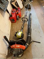 Overview showing both Ryobi string trimmer and Echo backpack blower alongside fuel cans
