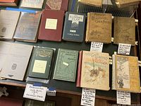 Eight books and guidebooks laid out on table surface