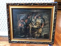 Photo showing the full frontal view of the oil painting in an ornate wood and gold frame.