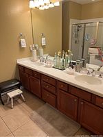 Bathroom countertop with dual sinks, multiple glass and plastic bathroom accessory containers including soap dish, dispensers, lotions, and toiletries. Towel ring with small towel on wall. Wooden cabinetry and tiled floor visible.