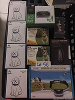Photo of various dog training accessories including anti-bark collars, wireless fence system, pet trainer, and earbuds arranged together.